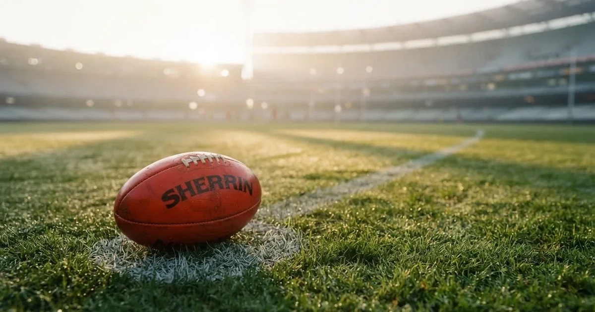 A ball on the centre spot of a grass pitch in morning light