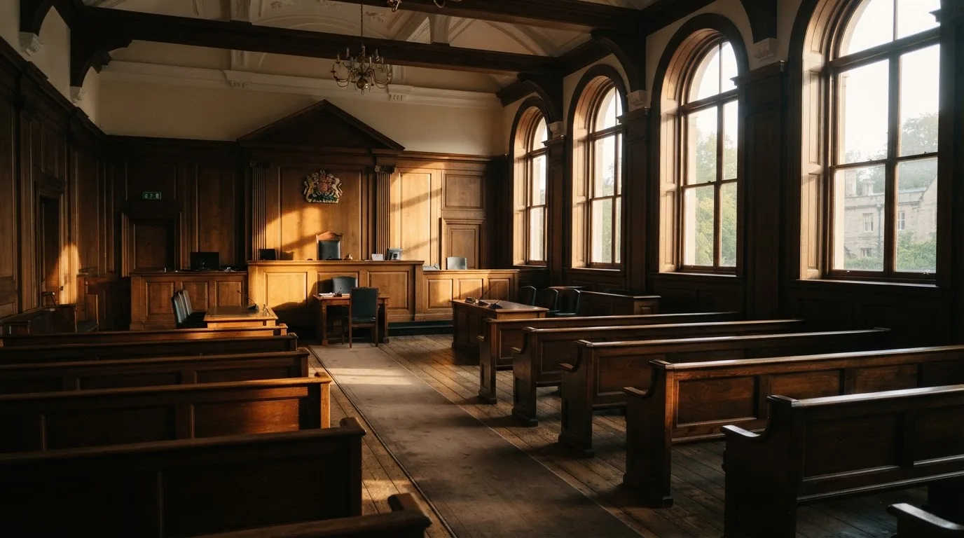 An empty courtroom with wooden benches in morning light