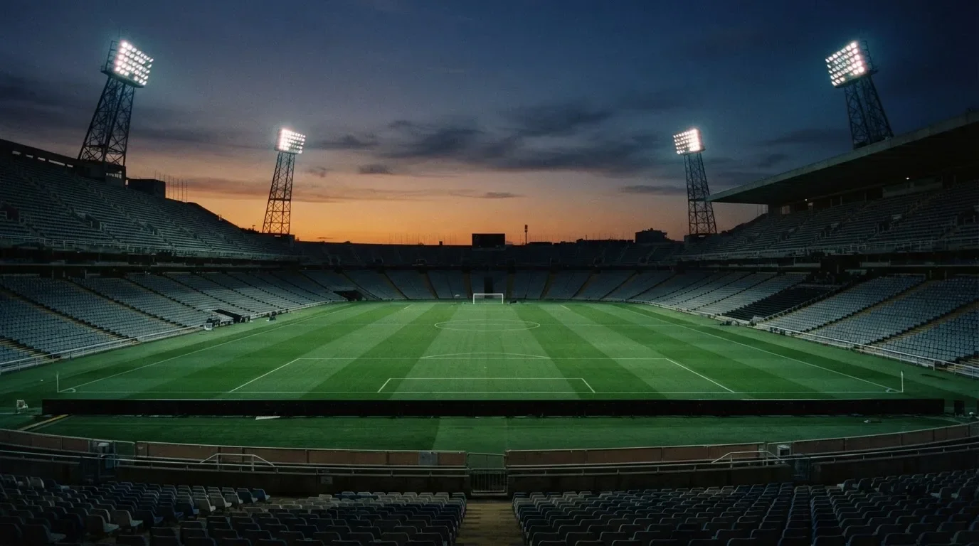An empty football stadium with floodlight masts at dusk