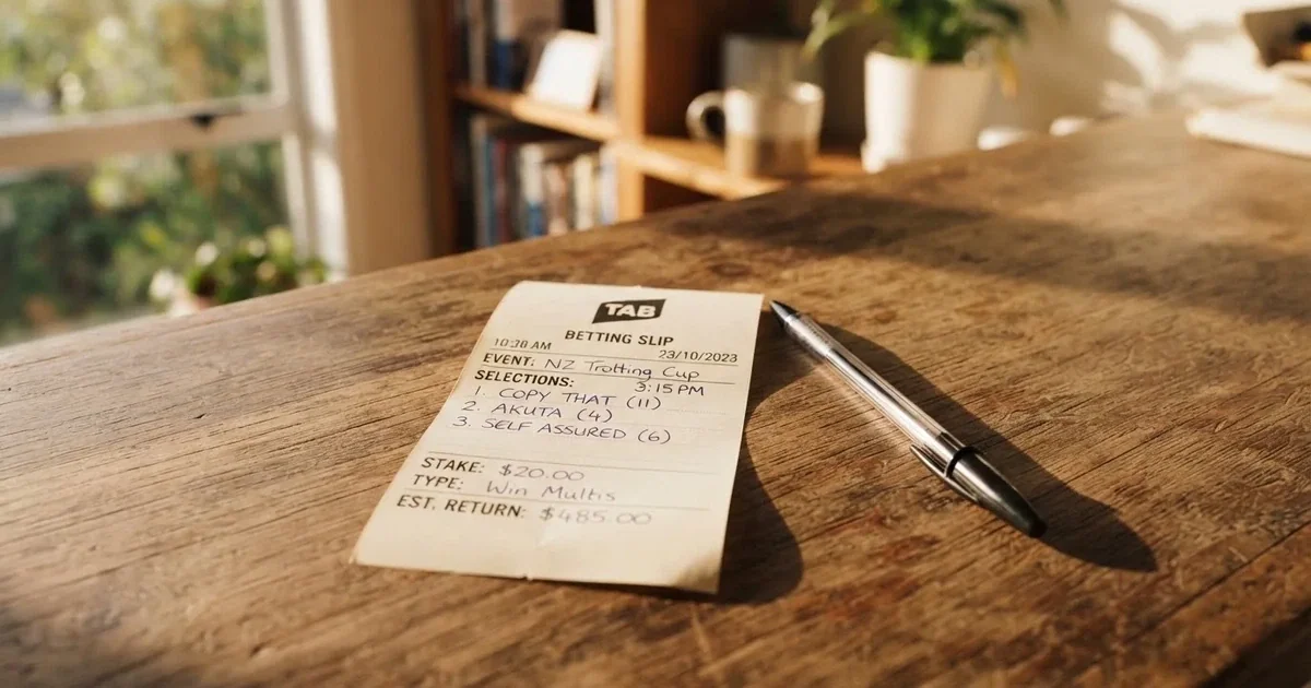 A blank paper betting slip beside a pen on a wooden counter