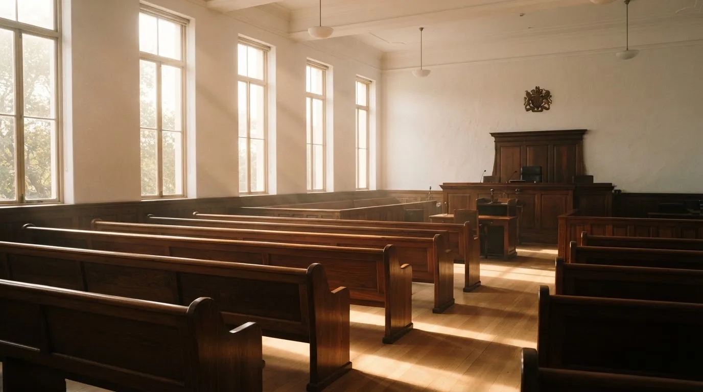 An empty courtroom with wooden benches in morning light
