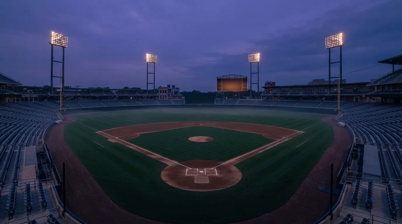 An empty football stadium with floodlight masts at dusk