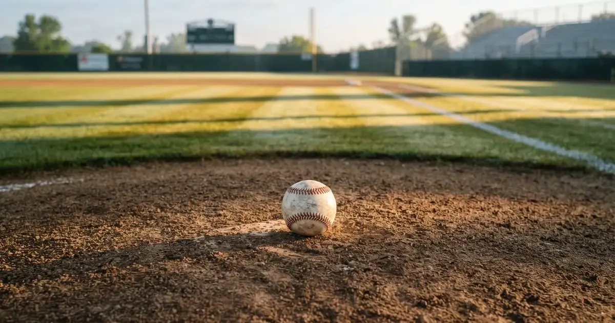 A ball on the centre spot of a grass pitch in morning light