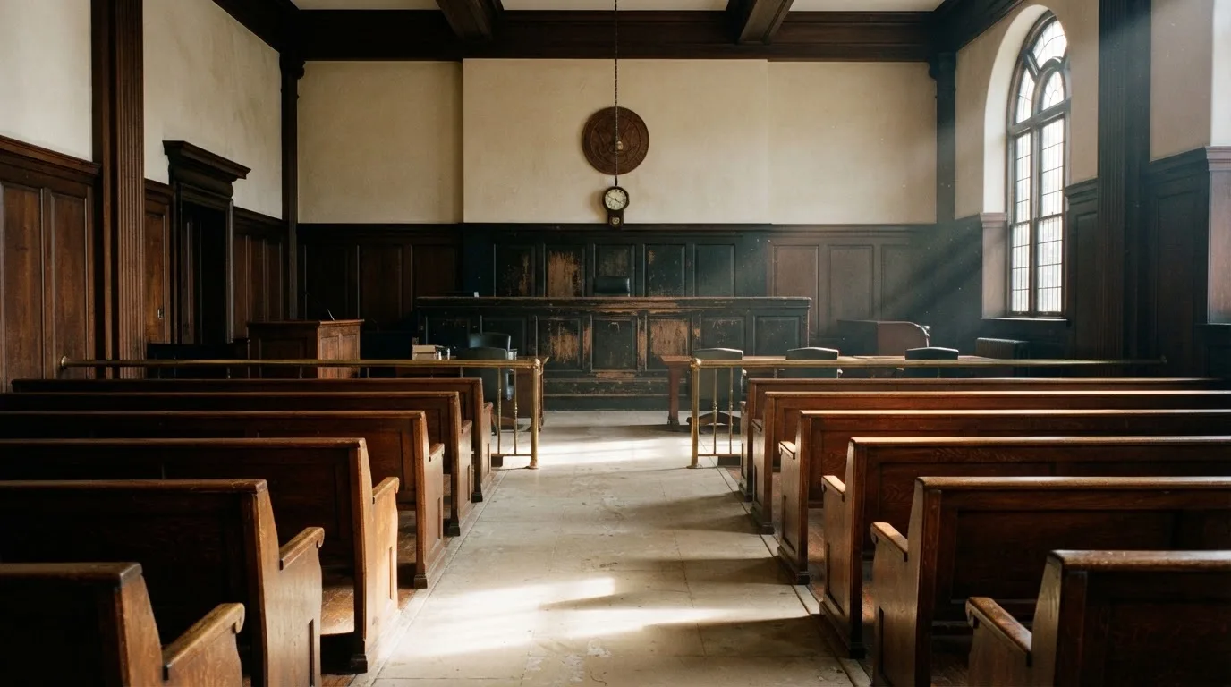 An empty courtroom with wooden benches in morning light
