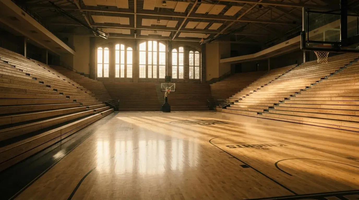 An empty courtroom with wooden benches in morning light
