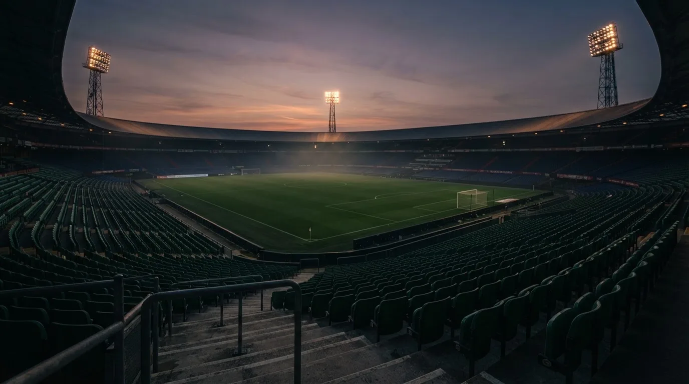 An empty football stadium with floodlight masts at dusk