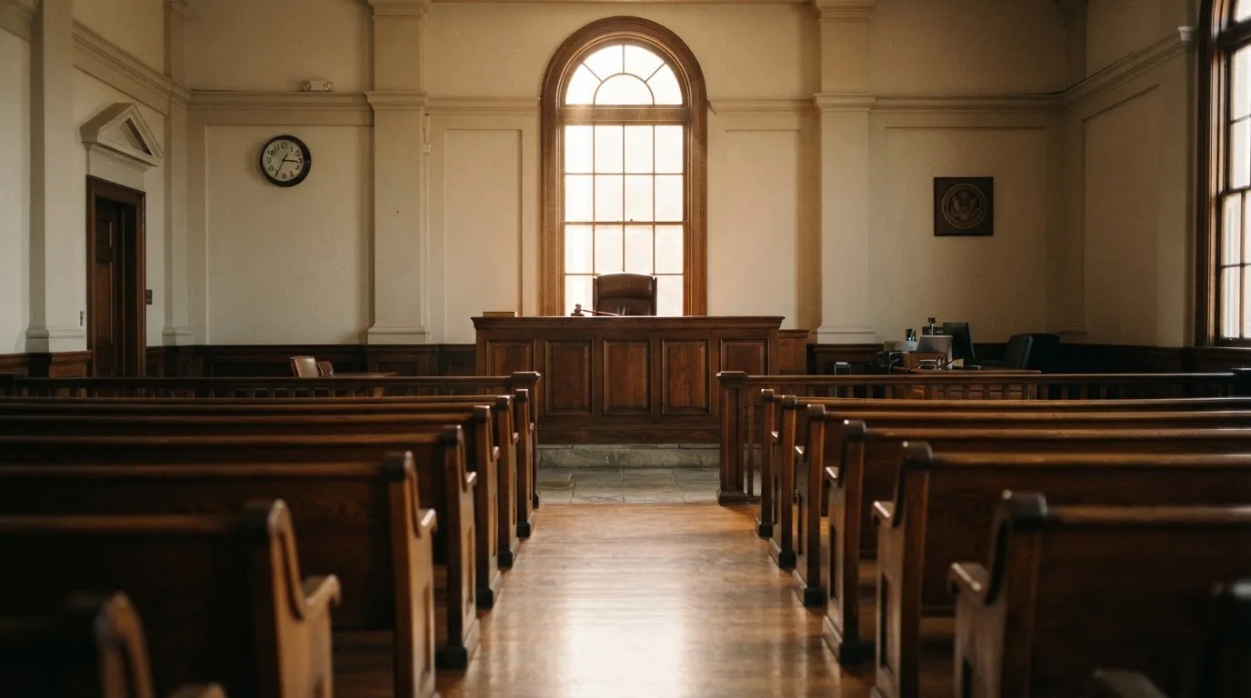 An empty courtroom with wooden benches in morning light
