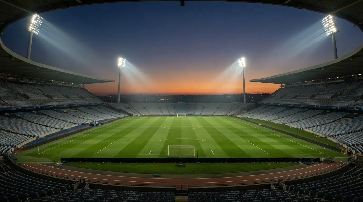 An empty football stadium with floodlight masts at dusk