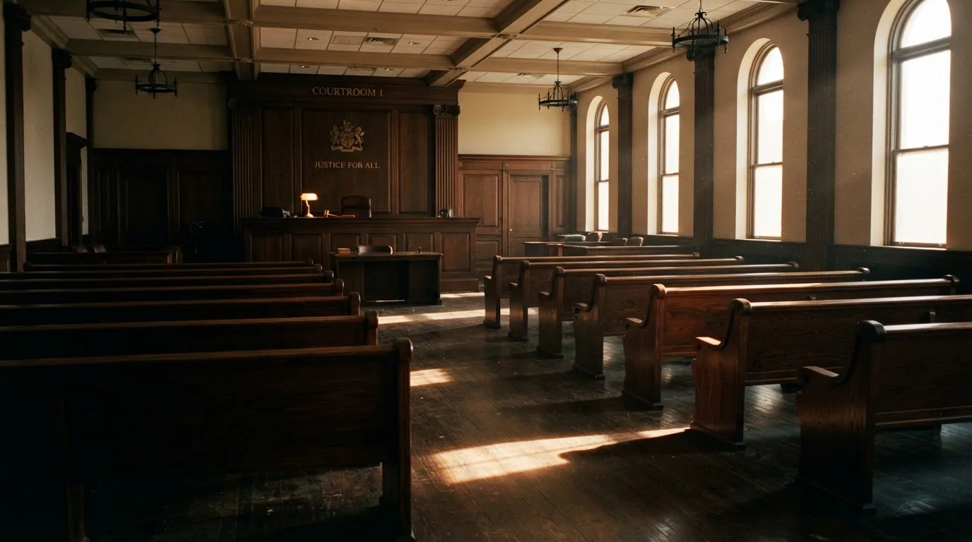 An empty courtroom with wooden benches in morning light
