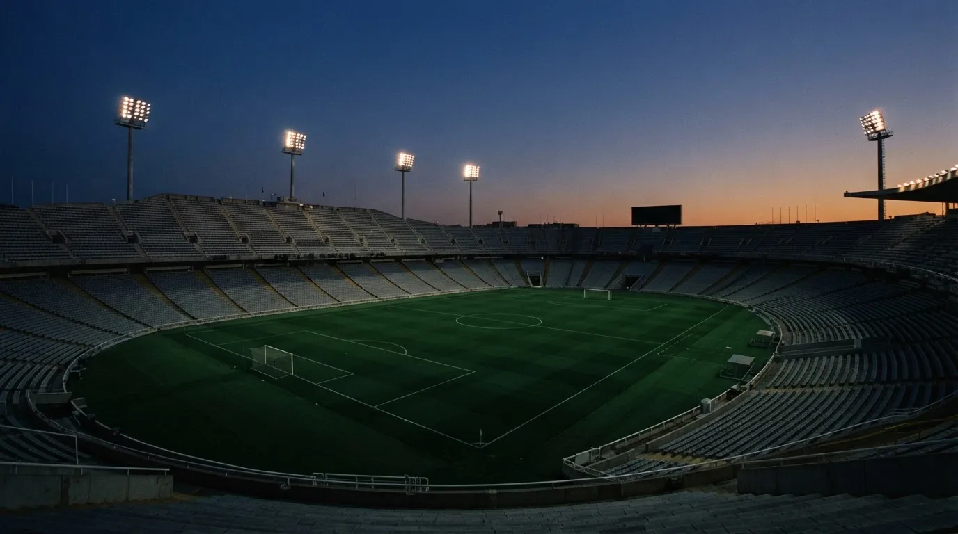An empty football stadium with floodlight masts at dusk