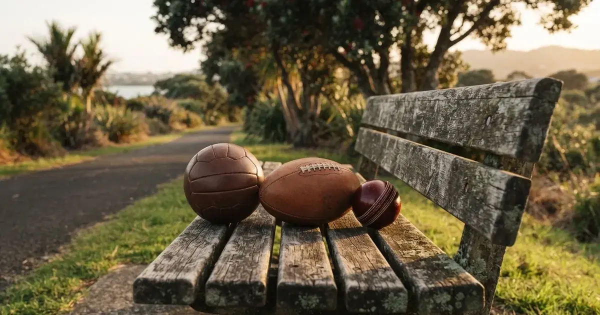 Three balls of different kinds side by side on a wooden bench