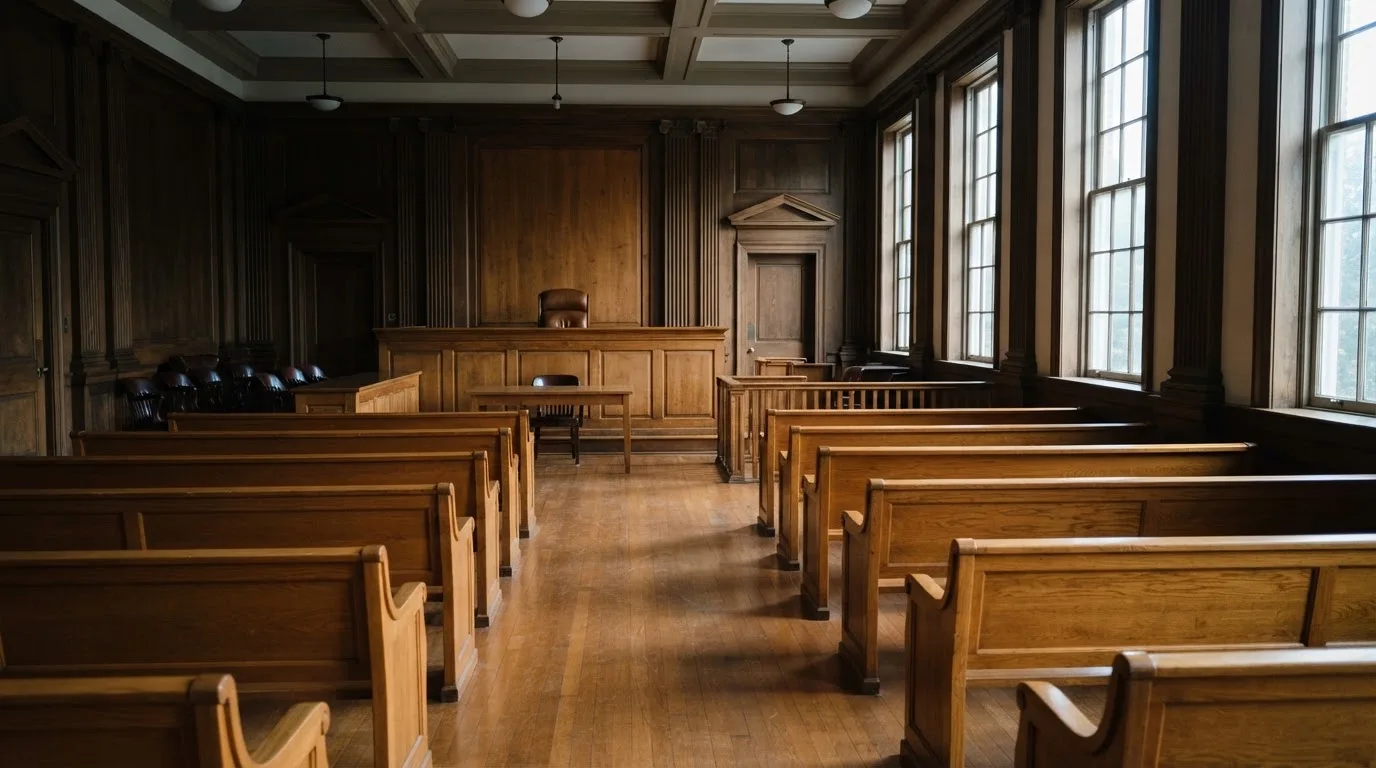 An empty courtroom with wooden benches in morning light