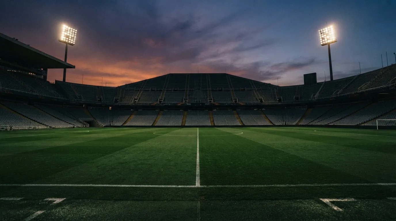 An empty football stadium with floodlight masts at dusk