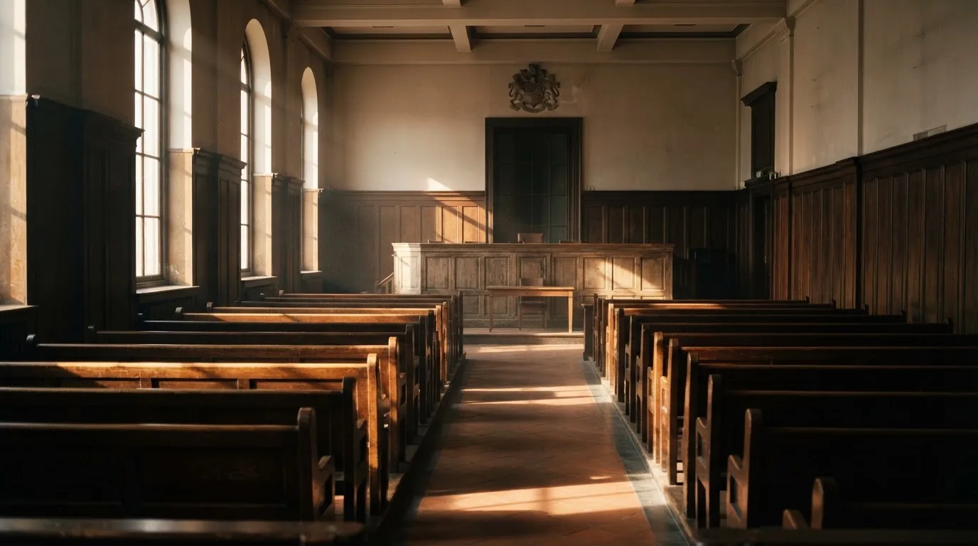 An empty courtroom with wooden benches in morning light