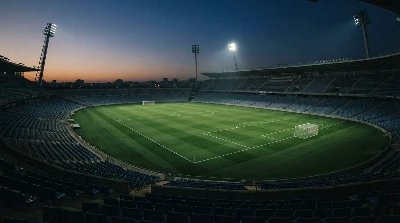 An empty football stadium with floodlight masts at dusk