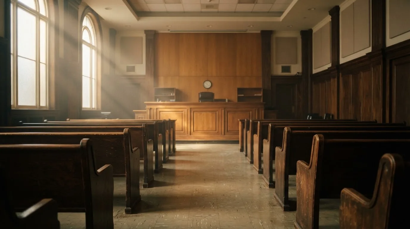 An empty courtroom with wooden benches in morning light
