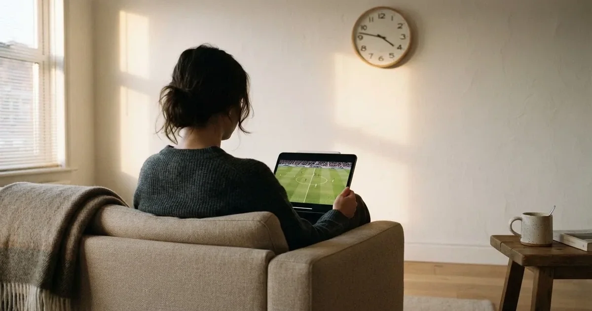 A person on a sofa looking thoughtfully at a tablet, a wall clock in the background