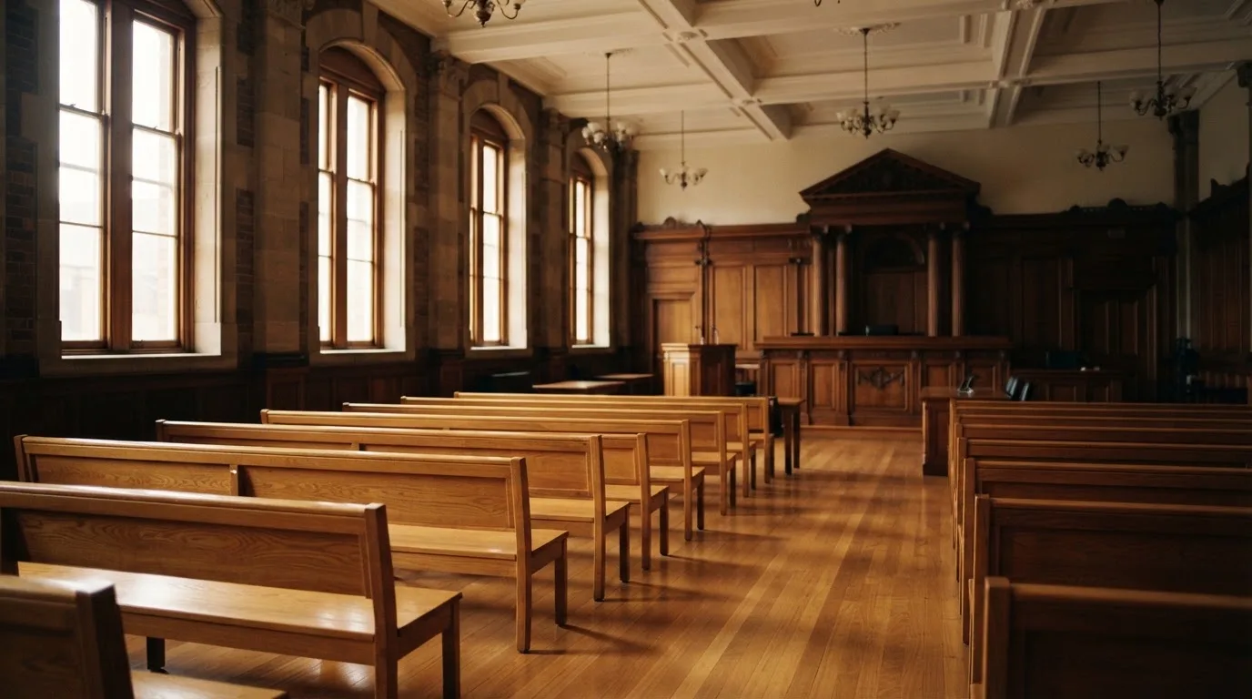 An empty courtroom with wooden benches in morning light