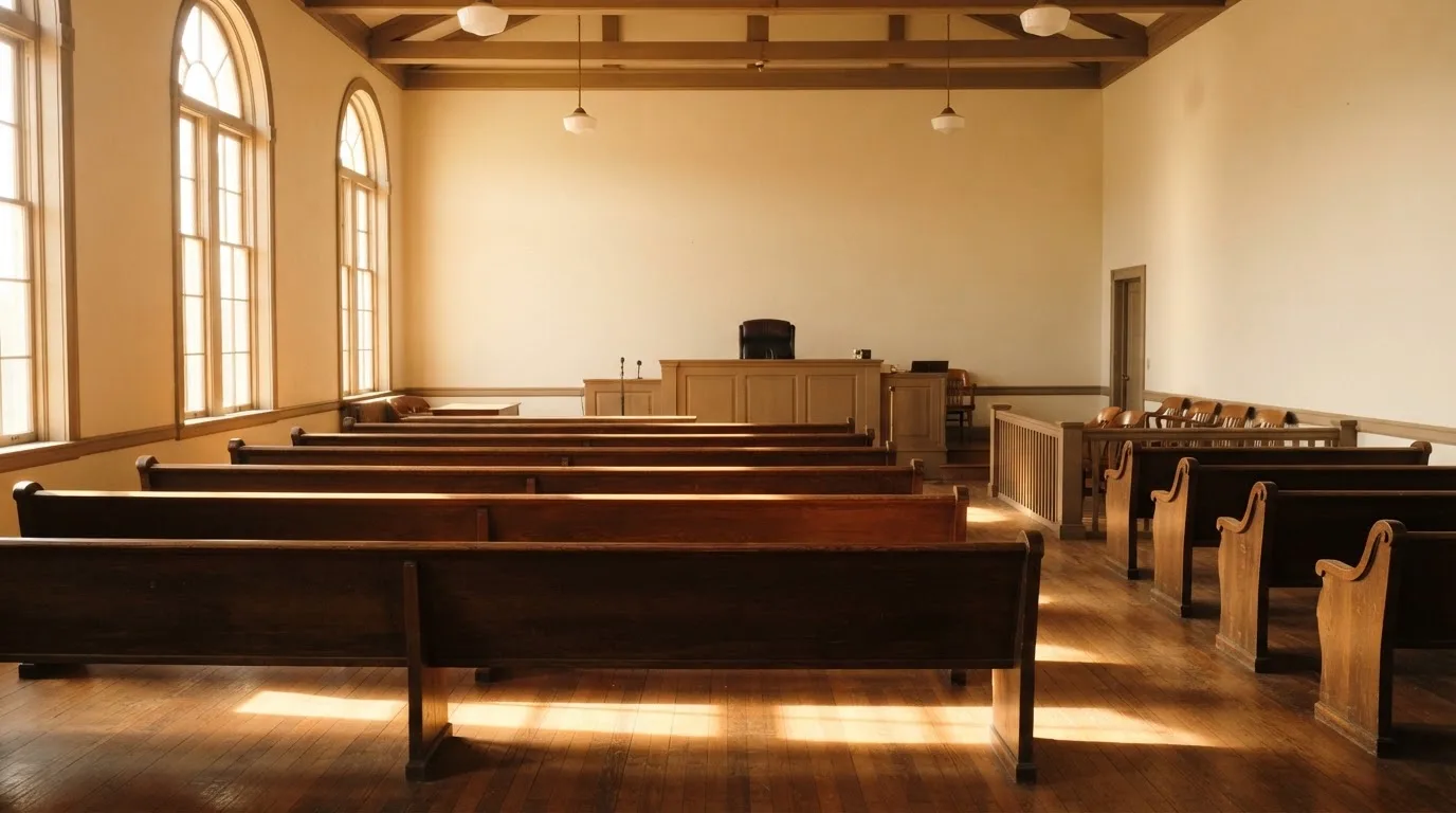 An empty courtroom with wooden benches in morning light