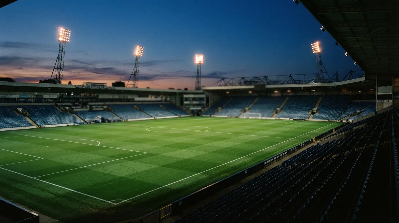 An empty football stadium with floodlight masts at dusk