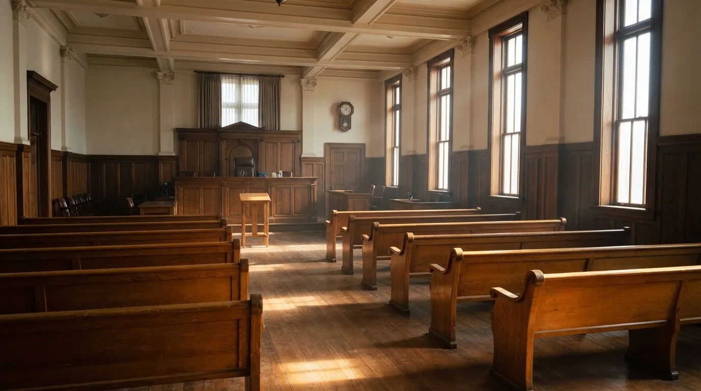 An empty courtroom with wooden benches in morning light