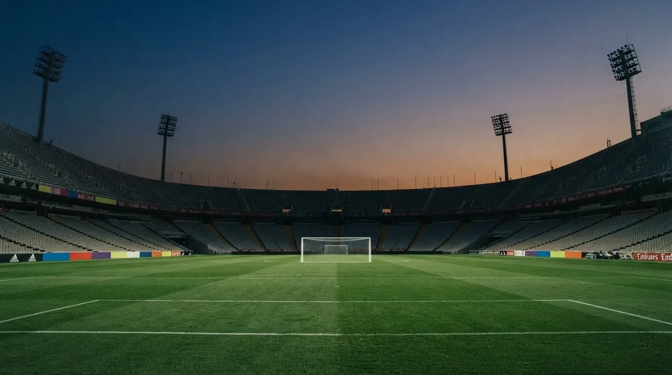 An empty football stadium with floodlight masts at dusk