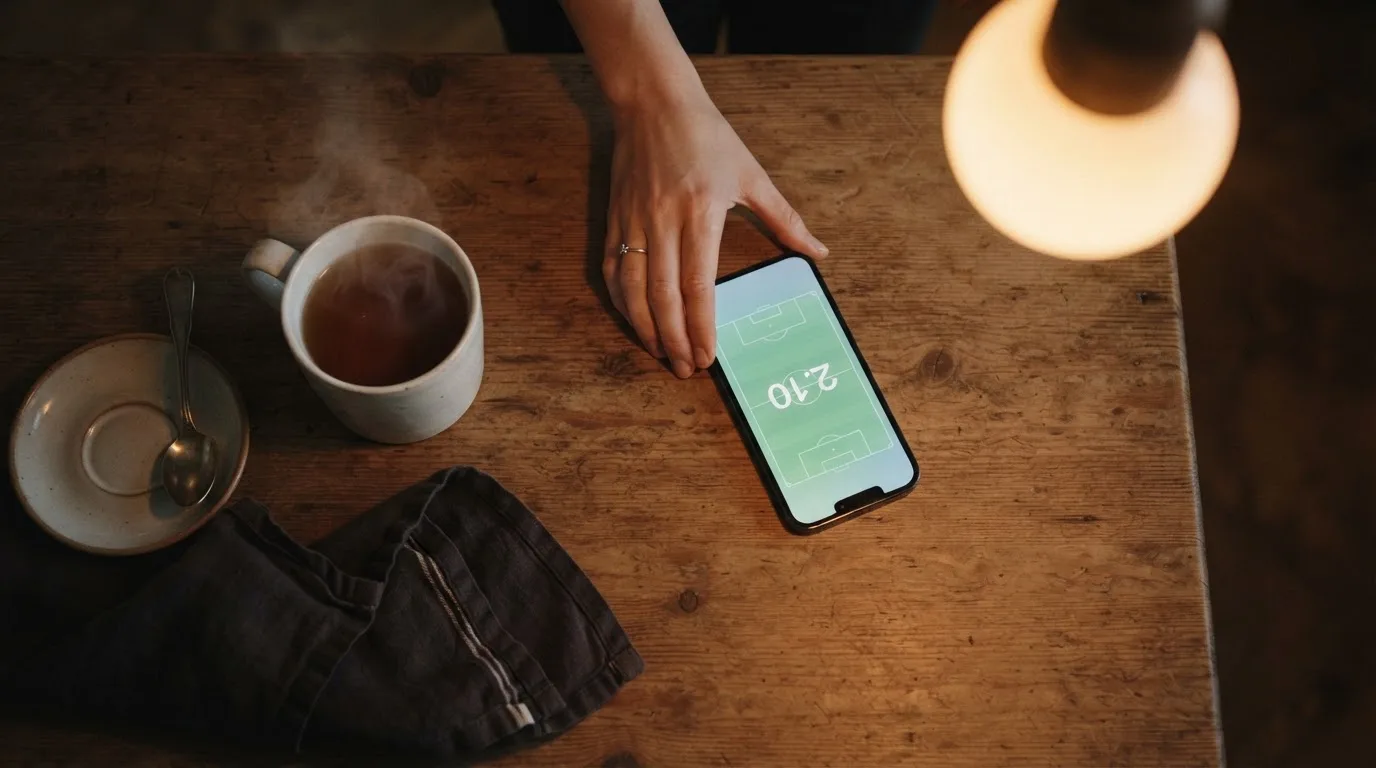 A hand setting a smartphone down beside a cup of tea on a kitchen table on a quiet evening