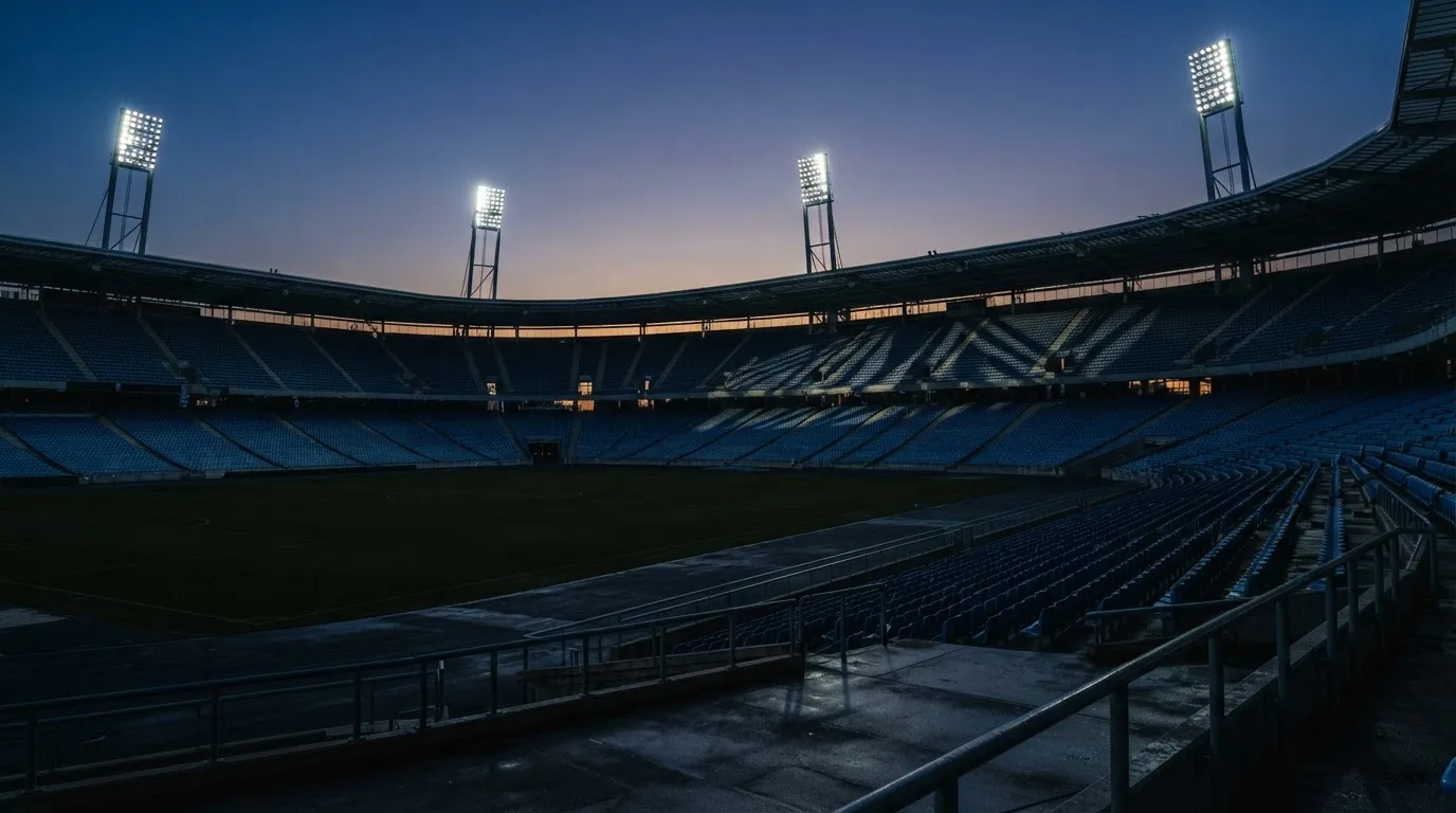 An empty football stadium with floodlight masts at dusk