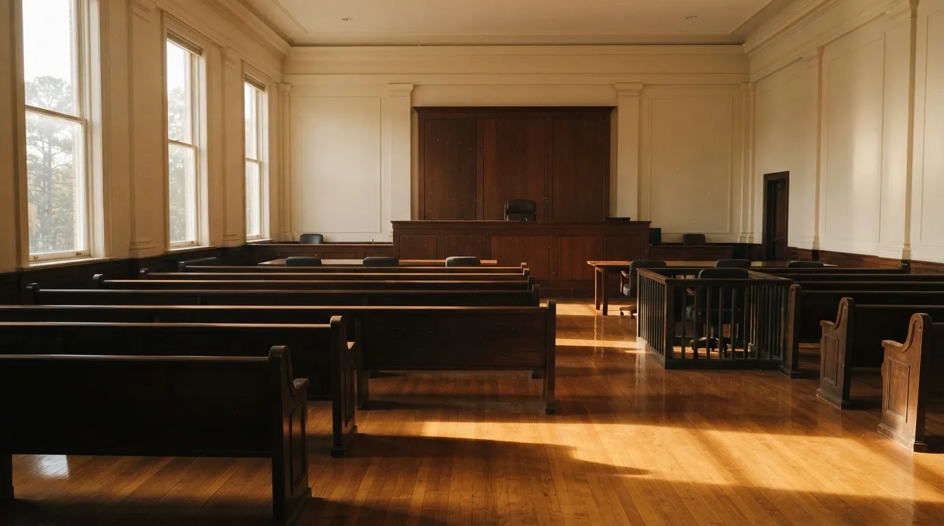 An empty courtroom with wooden benches in morning light