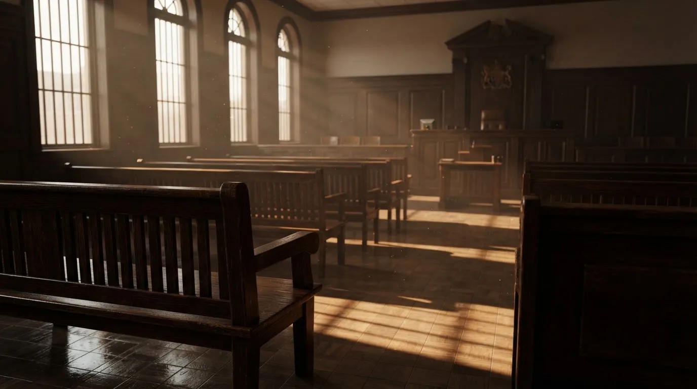 An empty courtroom with wooden benches in morning light