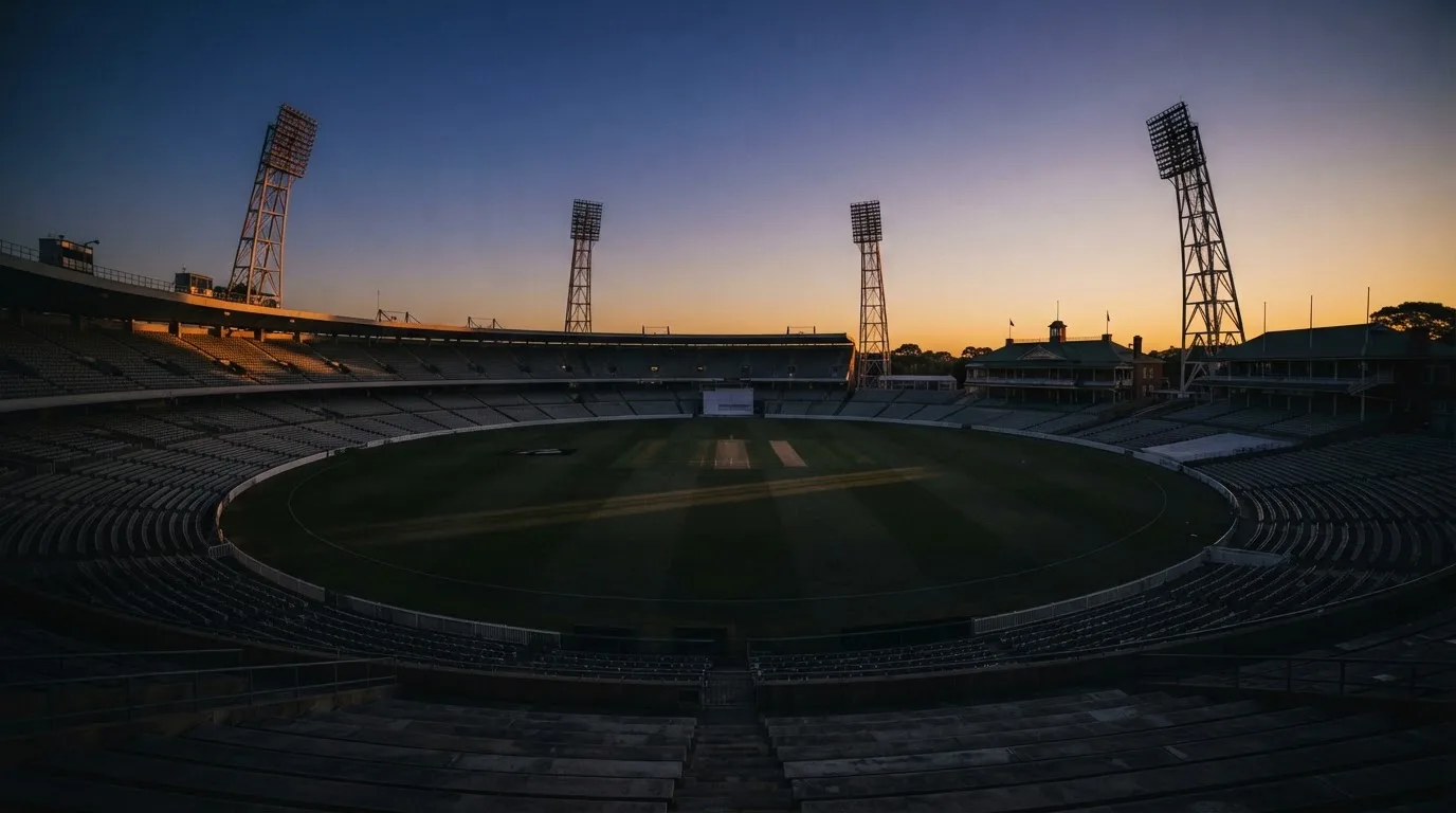 An empty football stadium with floodlight masts at dusk