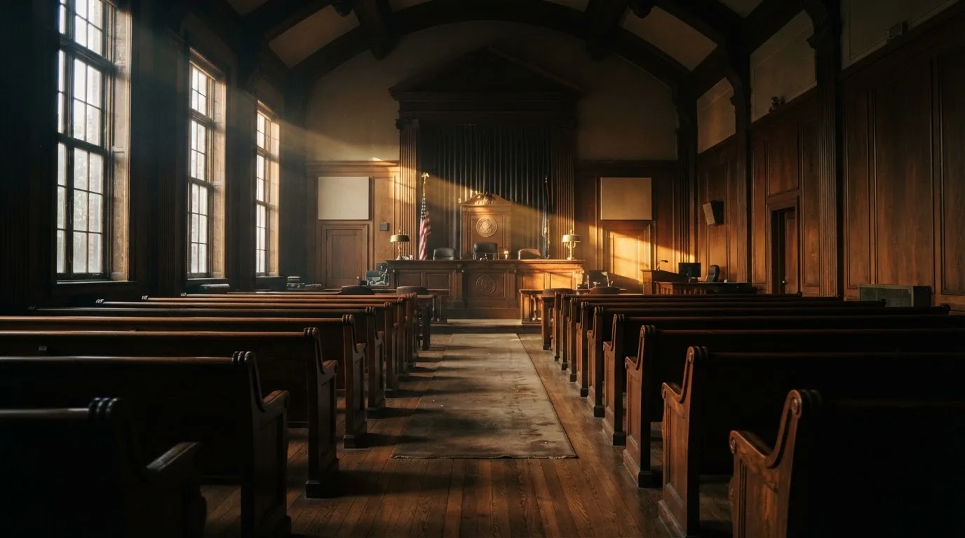 An empty courtroom with wooden benches in morning light