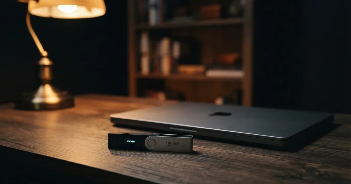 A hardware wallet and a closed laptop on a desk in dim light