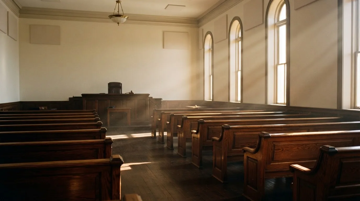 An empty courtroom with wooden benches in morning light