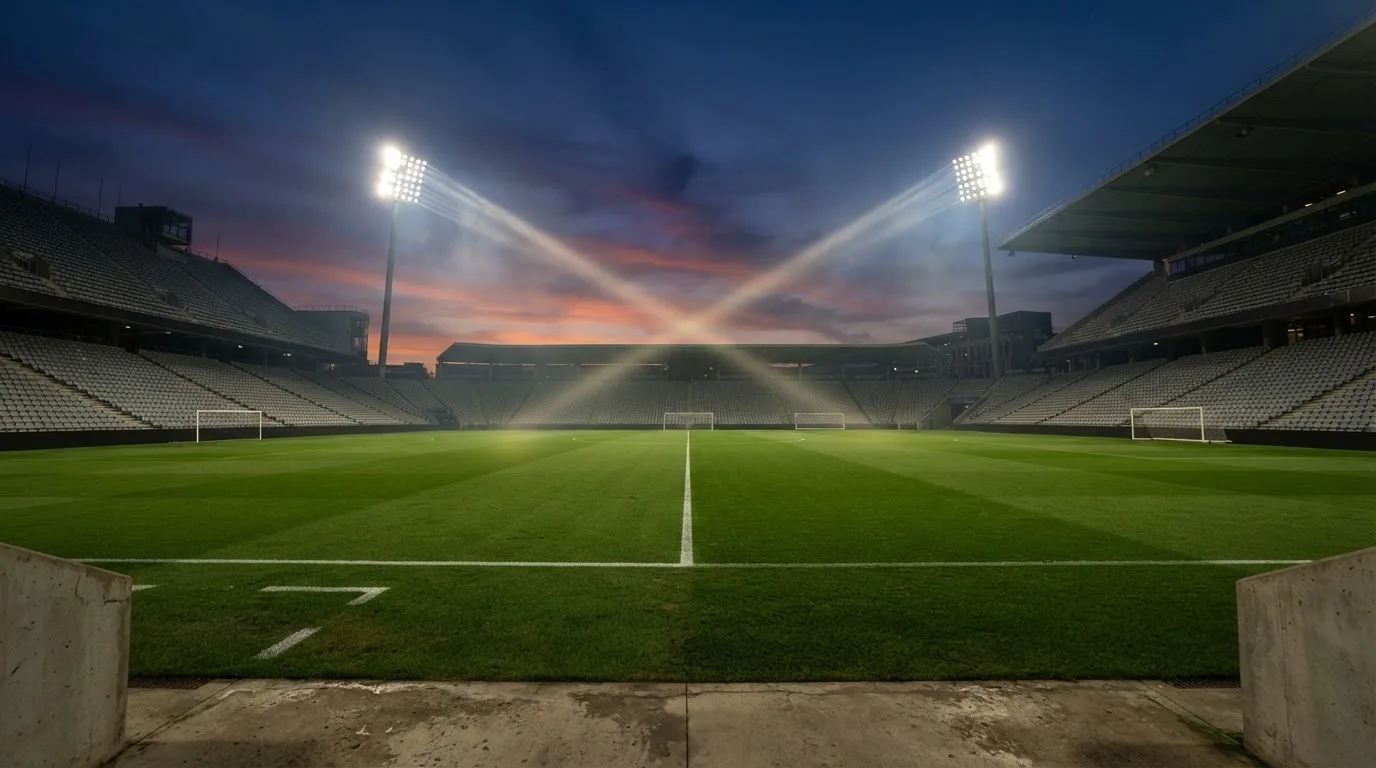 An empty football stadium with floodlight masts at dusk