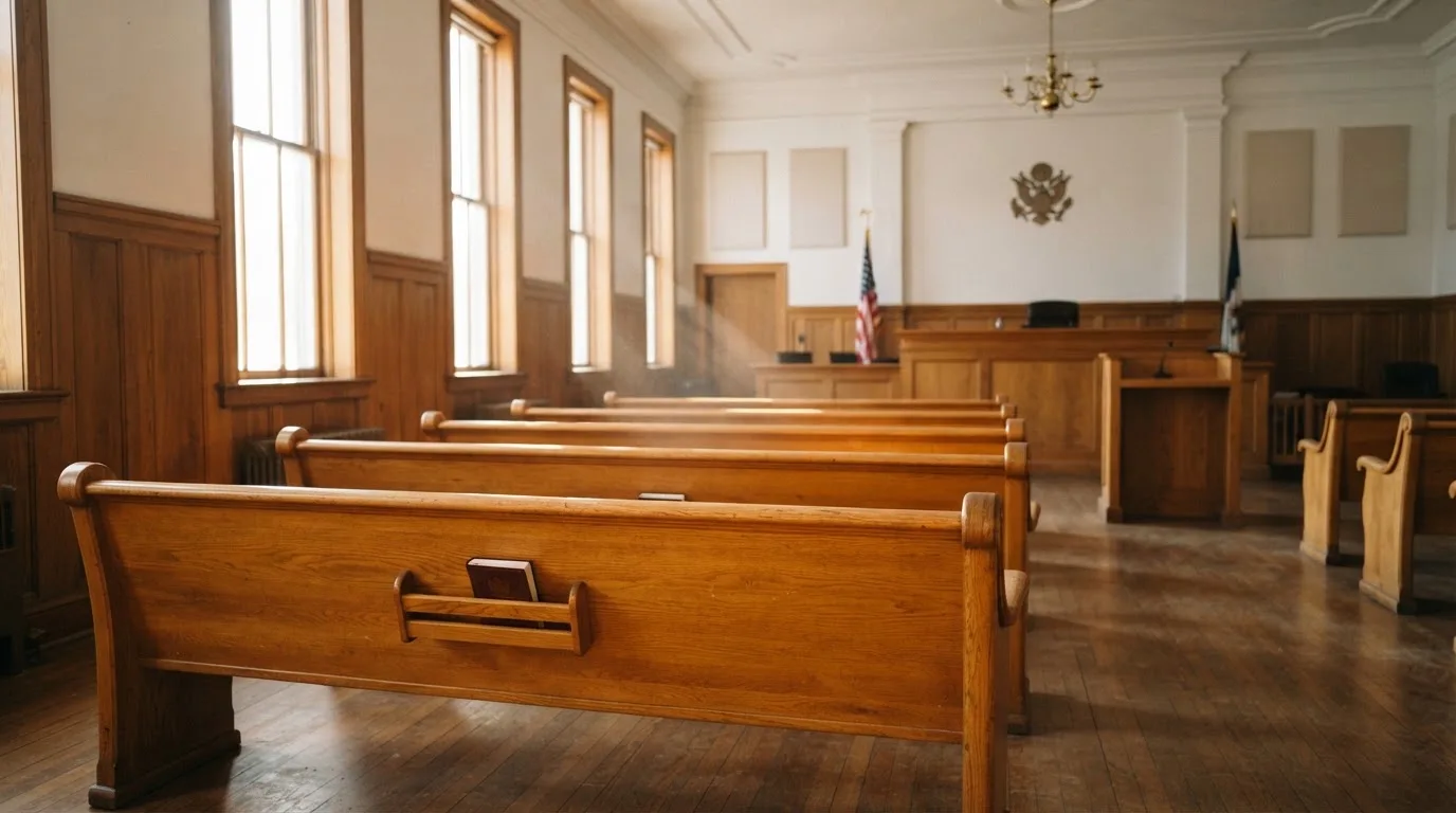 An empty courtroom with wooden benches in morning light