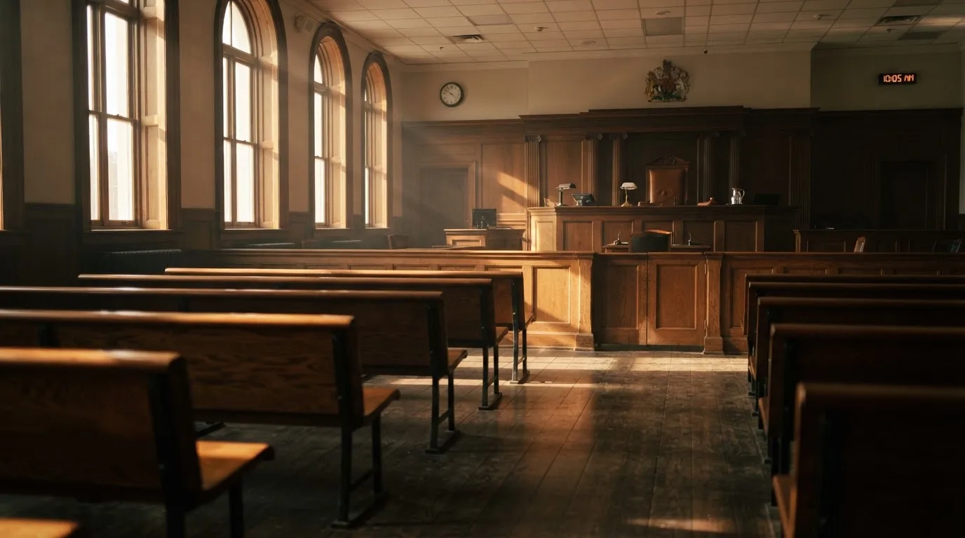 An empty courtroom with wooden benches in morning light