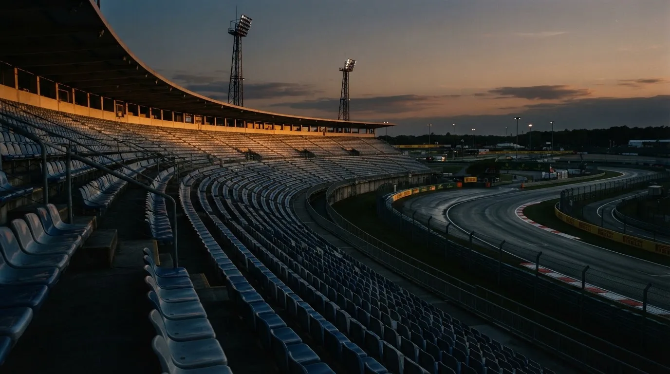 An empty football stadium with floodlight masts at dusk