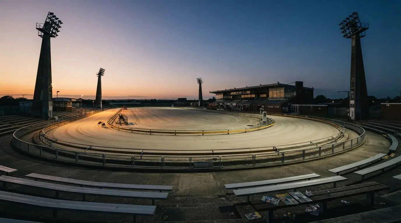 An empty football stadium with floodlight masts at dusk