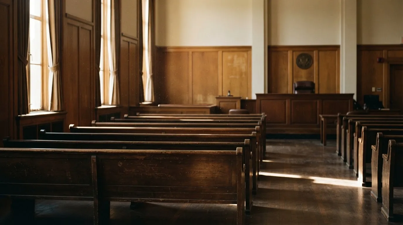 An empty courtroom with wooden benches in morning light