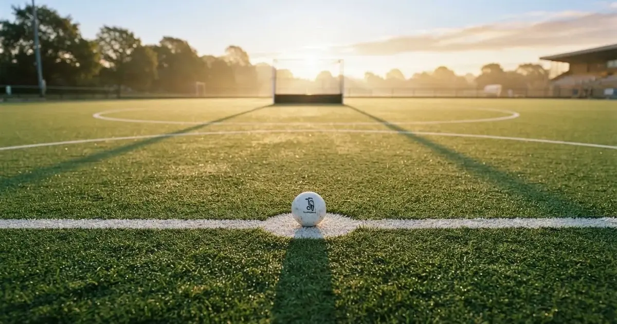 A ball on the centre spot of a grass pitch in morning light