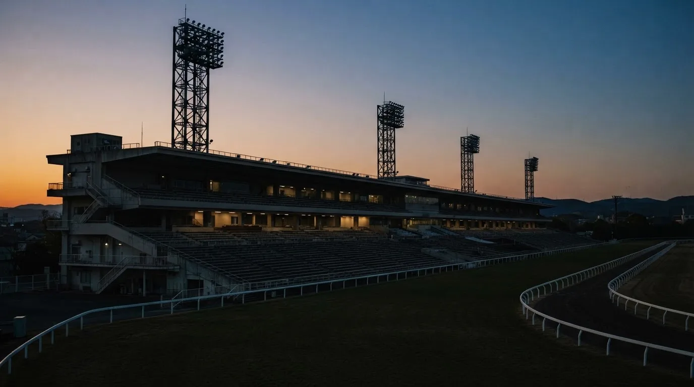 An empty football stadium with floodlight masts at dusk