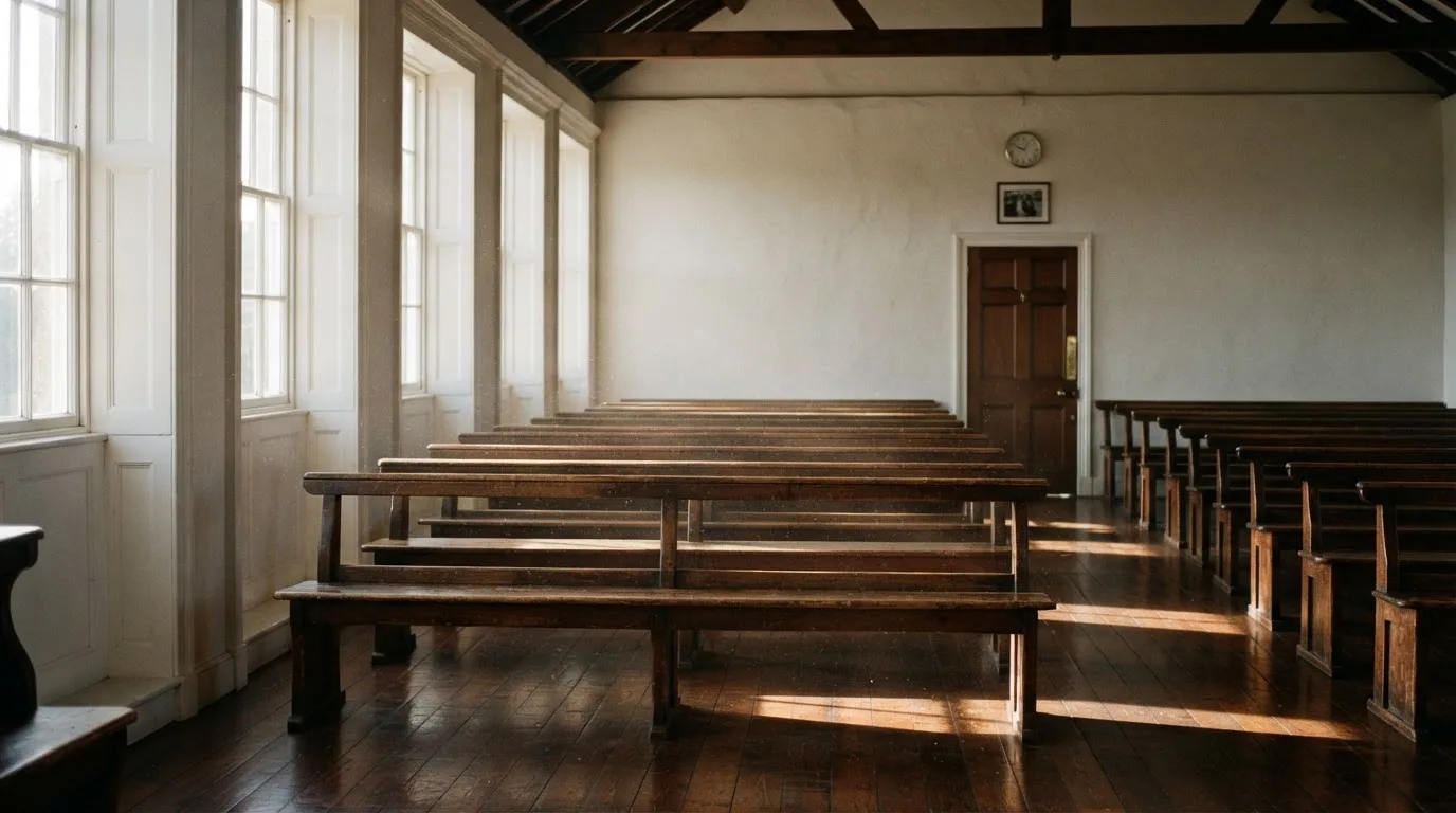 An empty courtroom with wooden benches in morning light