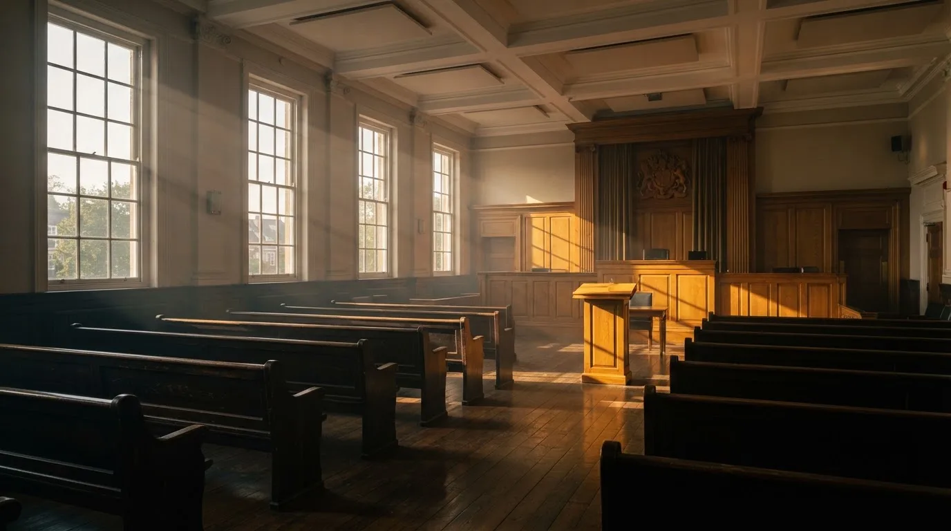 An empty courtroom with wooden benches in morning light