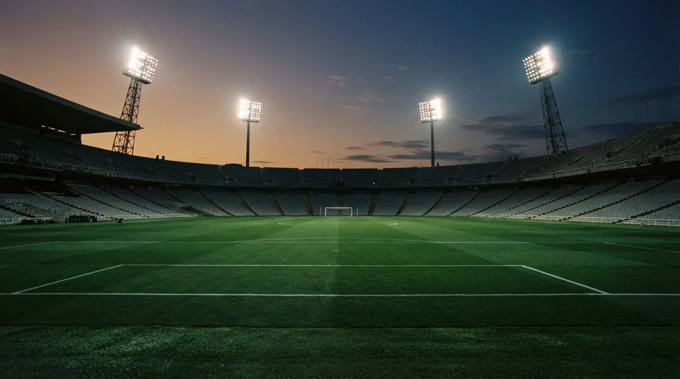 An empty football stadium with floodlight masts at dusk