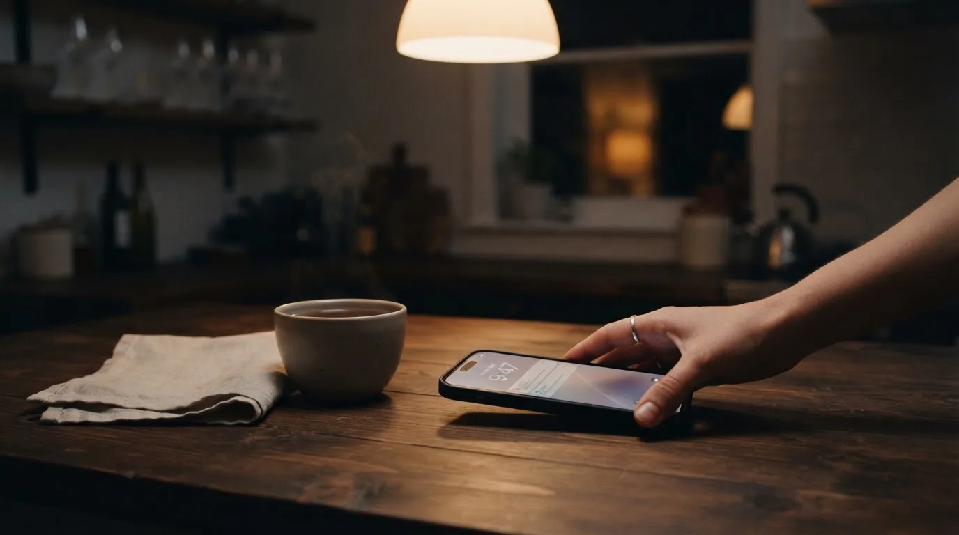 A hand setting a smartphone down beside a cup of tea on a kitchen table on a quiet evening