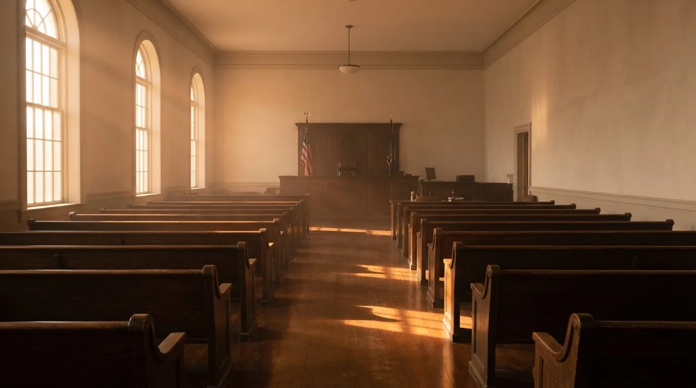 An empty courtroom with wooden benches in morning light