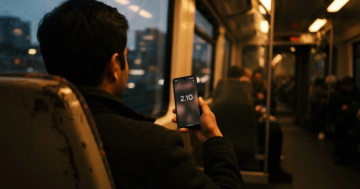 A hand holding a smartphone on a train in the evening, screen turned away