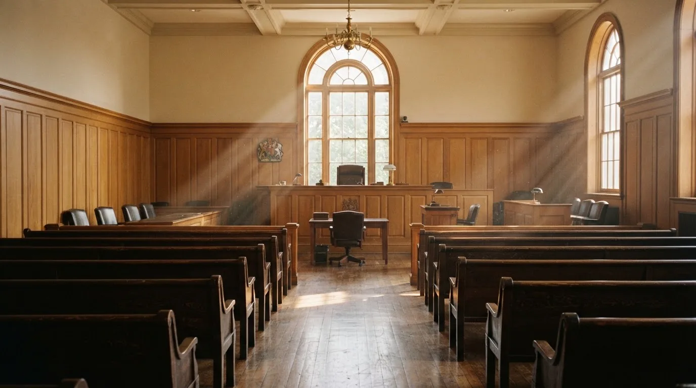 An empty courtroom with wooden benches in morning light