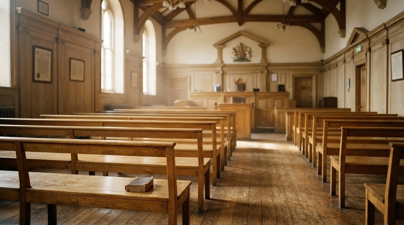 An empty courtroom with wooden benches in morning light
